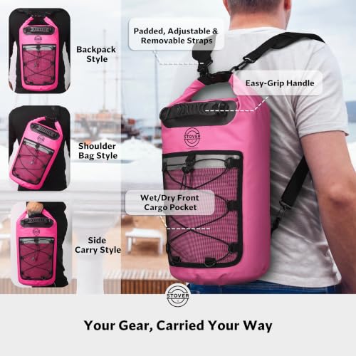 Image of STOVER 5 /10 /25 /30 /40L Waterproof Dry Backpack & Phone Case- Large Floating Dry Bag for Kayaking, Travel, Hiking, Fishing, Camping, Motorcycles & Beach, Heavy-Duty Roll Top Men /Women (Pink)
