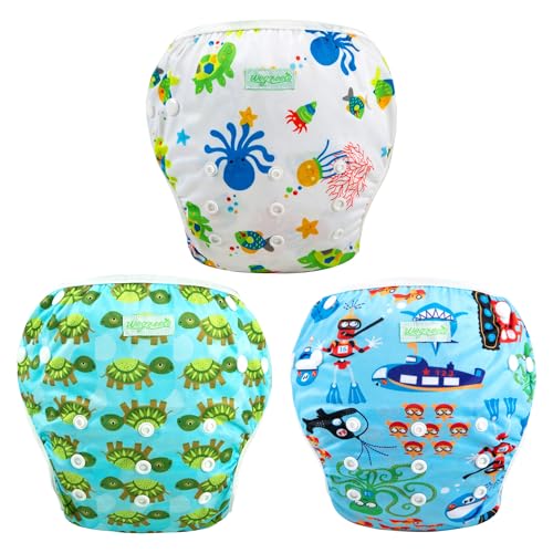 wegreeco Baby & Toddler Snap One Size Adjustable Reusable Baby Swim Diaper (Diving, Ocean, Turtle, Large, 3 Pack)
