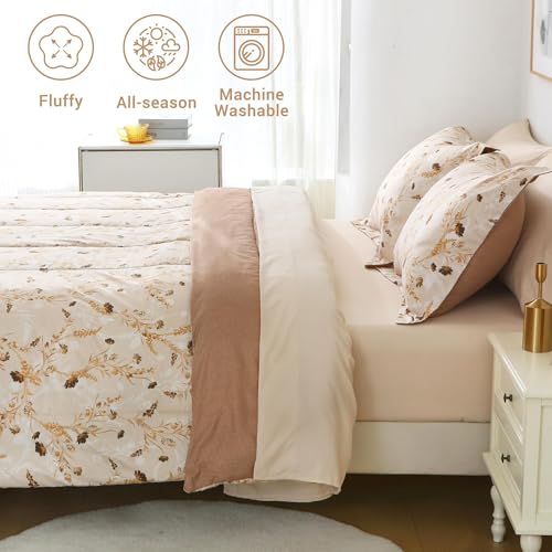 Image of Floral Queen Comforter Set with Sheets, 7 Piece Luxury Vintage Bedding, Soft Microfiber Bed in a Bag, Cozy Lightweight Bed Set, Beige Flower Botanical