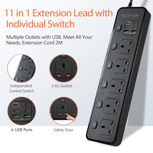 Extension Lead with 6 USB Slots, 5 Way Plug Extension Socket Surge Protection Power Strip with PD30W USB C Slot, Independent Switches and 2M Extension Cord Wall Mounted for Home Office-Black - Image 3