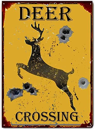 Retro Metal tin Sign Deer Crossing Caution Yellow Sign Holes Rustic Hunting Cabin Lodge Street Road Decor New Wall Art Retro Vintage Bar Country Wall Decoration Metal Aluminum Sign 8 x 12 inch