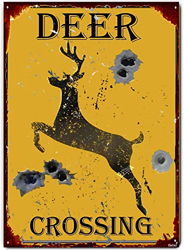 Retro Metal Tin Sign Deer Crossing Caution Yellow Sign Holes Rustic Hunting Cabin Lodge Street Road Decor New Wall Art Retro Vintage Bar Country Wall Decoration Metal Aluminum Sign 8 X 12 Inch #TOP4