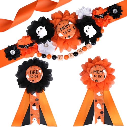 Serencatcher Halloween Baby Shower Decorations Orange Black, Halloween Mom to Be Maternity Sash Belt Mom Dad to Be Corsage Pins for Gender Reveal Baby Shower Favors Photo Props Gifts for New Parents