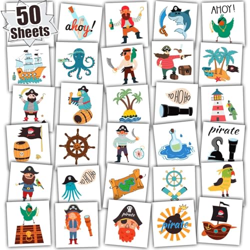 Leesgel Pirata Tatuajes Temporales Niños, 50 Hojas Individual Tatuajes Niño Pegatinas Infantiles, Relleno Piñata Detalles Regalos Fiesta Cumpleaños Niños Juguetes