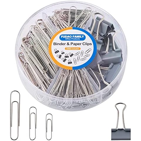 FUDAO FAMILY 200 PCS Paper Clips Binder Clips, Paper Clips Assorted Sizes, Silver Paper Clip, Grey Foldback Clips Cover