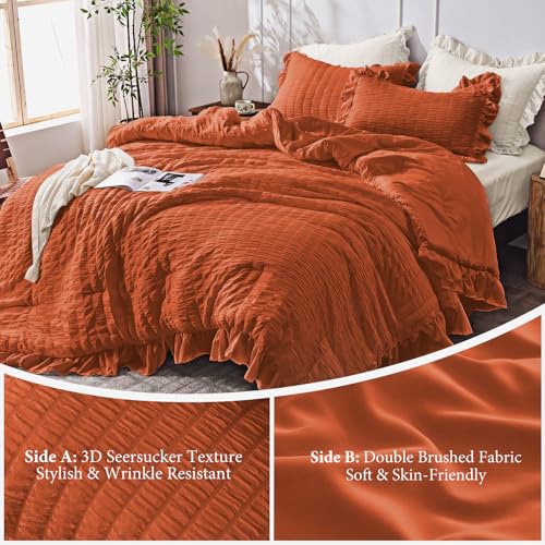 Image of JOLLYVOGUE Burnt Orange Comforter Full Size, 3 Pieces Seersucker Lightweight Full Size Bedding, All Season Fluffy Microfiber Bedding Comforter Set with 1 Ruffle Comforter and 2 Ruffle Pillowshams