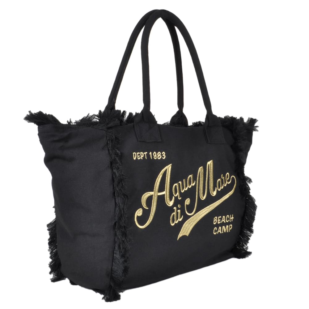 BORSA GRANDE CON FRANGE E RICAMO SILVER 100% PL AQUA DI MARE 22928 S NERO