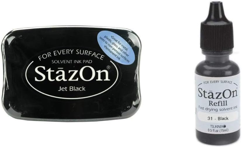 Tsukineko Stazon Jet Black Ink Pad & Stazon Ink Refill, Jet Black