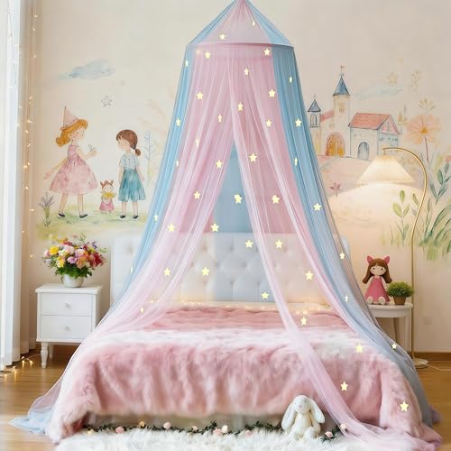 Image of Two-Tone Bed Canopy Mosquito Net, Bed Canopy for Girls Room Decor - Insect Protection Hanging Canopy for Indoor(Pink+Blue,Stars Glow in the Dark)