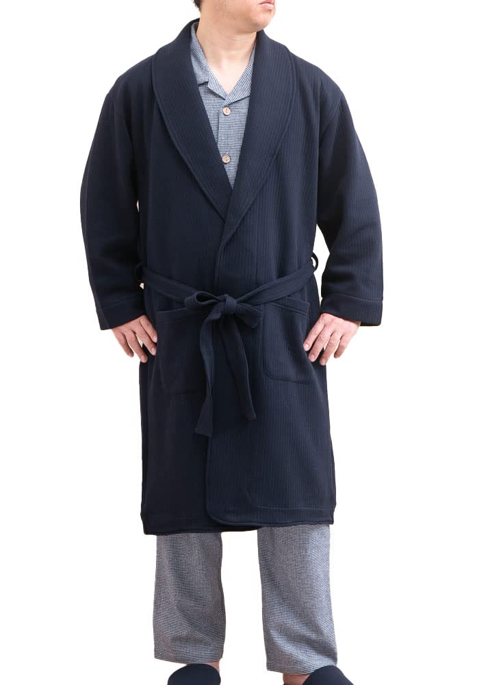 K's Eye Men's Gown, Satin Lining, 100% Cotton Filled, Knit Quilt Fabric Large navy