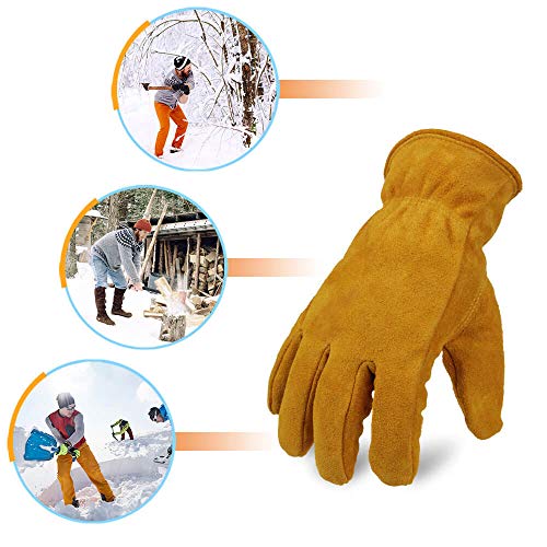 Image of OZERO Winter Work Gloves Thick Windproof Cold Proof Leather Glove Thermal Imitation Lambswool - Extra Grip Flexible Warm for Working in Cold Weather for Men and Women (Gold,Small)