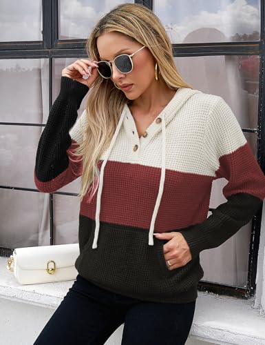 Image of VIMPUNEC Womens Fall Hoodie Sweater Long Sleeve Hooded Top with Pocket | V Neck, Button, Adjustable Drawstring, Waffle Knit, Loose Fit, Ribbed, Kangaroo Pocket