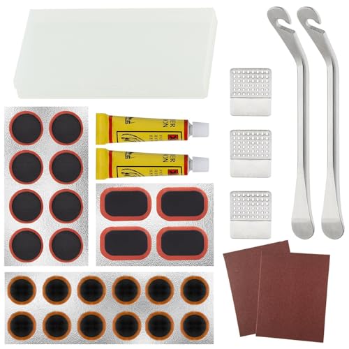 XIAOCUNCN Bike Inner Tire Patch Repair Kit, with 24 PCS Vulcanizing Patches,Portable Storage Box, Metal Rasp and 2 Premium Stainless Steel Levers - Also for Road Mountain Bicycle Trave