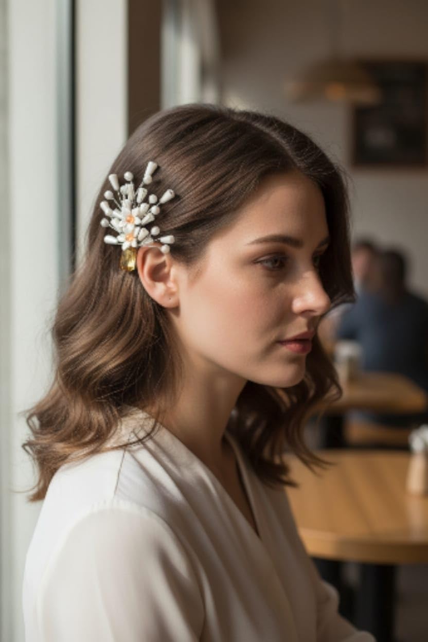 White Floral Crystal Hair Clips for Women & Girls – Decorative Pearl Flower Hairstyle Accessory – Pack of 2