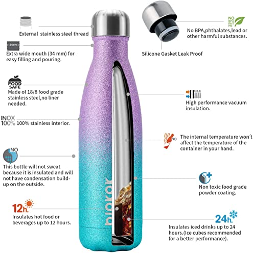 Image of BJPKPK 17oz Insulated Water Bottles Stainless Steel,Sports Water Bottles Keep Cold for 24 Hours and Hot for 12 Hours,BPA Free,Glitter Purple Green