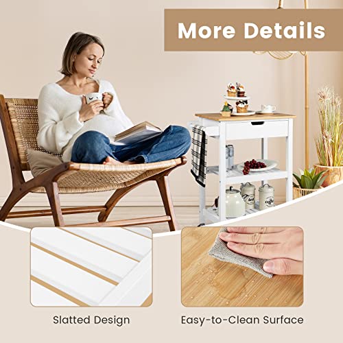 Giantex Kitchen Island Cart With Storage, Rolling Bamboo Kitchen Cart On Wheels, W/Pull-Out Drawer, Towel Handle, 2 Open Shelves, Mobile Coffee Bar Cart For Dining Room Living Room (White & Beige) #TOP6