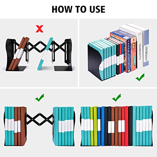 2pcs adjustable bookends metal book ends for heavy book 2 dividers nonslip book stander for desk shelf office stationery gift extends up to 19 inches black