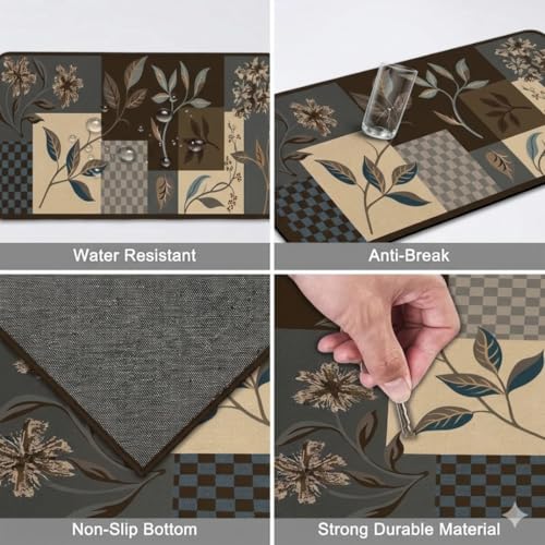 Image of Kitchen Anti Slip Mat for Floor, Waterproof Washable Kitchen Mats, Non Slip Kitchen Floor Mats for Home, Soft Mats for Kitchen, Kitchen Mats for Floor Anti Slip (Checks Leave)
