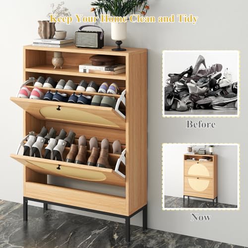 Rattan-Shoe-Cabinet-Shoe-Storage-Cabinet-with-2-Flip-Drawers-Hidden-Shoe-Storage-Slim-Shoe-Closet-Sneaker-Storage-Shoe-Organizer-for-Entryway-Hallway-Living-Room Rattan Shoe Cabinet Shoe Storage Cabinet with 2 Flip Drawers Hidden Shoe Storage Slim Shoe Closet Sneaker Storage Shoe Organizer for Entryway Hallway Living Room