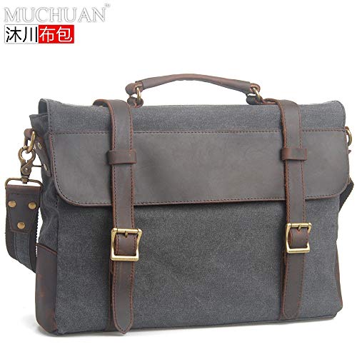 Bolso de Lona con una Capa Superior de Cuero de Caballo Loco Casual Hombro Retro maletín