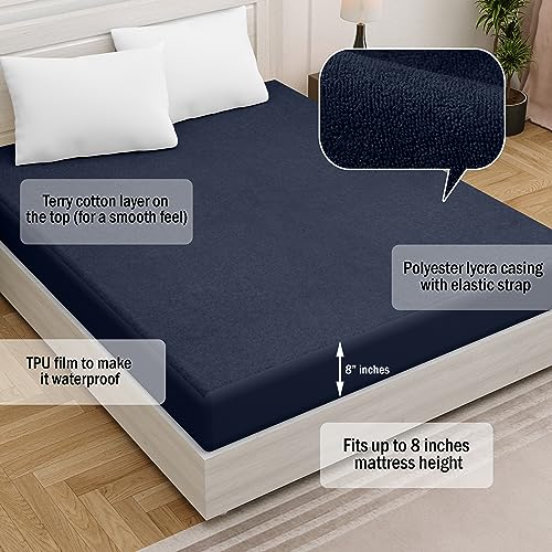 Image of Amigos 100% Waterproof Ultra Soft Cotton Feel Terry Mattress Protector Size 78 inchx 48 inch | Breathable Hypoallergenic Elastic Fitted Mattresses Cover (78x48, Navy Blue)
