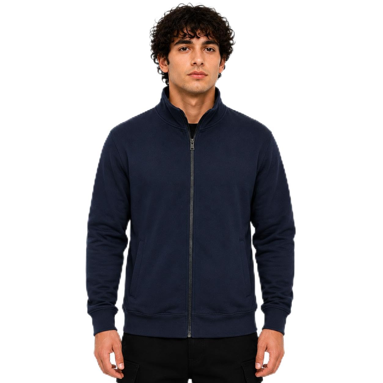 Men's Full Zip Fleece Sweatshirt Jacket with Pockets Navy Blue, Mock Neck Collar, Side Pockets, Thermal Warm Lining, Casual & Office Wear, Long Sleeves-picture-19