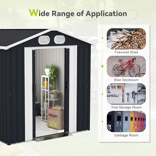 Image of KEIKI 8x6 FT Outdoor Storage Shed, Heavy Duty Metal Garden Shed with Lockable Sliding Doors, Air Vents & Sloped Roof, Waterproof Backyard Tool Shed for Lawn Equipment, Patio Furniture, Dark Gray