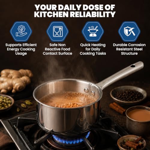 Image of Triply Stainless Steel Sauce Pan | 16cm 1.5L Tea Chai Milk Pan | Strong Stainless Steel Handle | Non Toxic Rust Free | Induction Gas Electric Ceramic Compatible | Durable Everyday Cookware