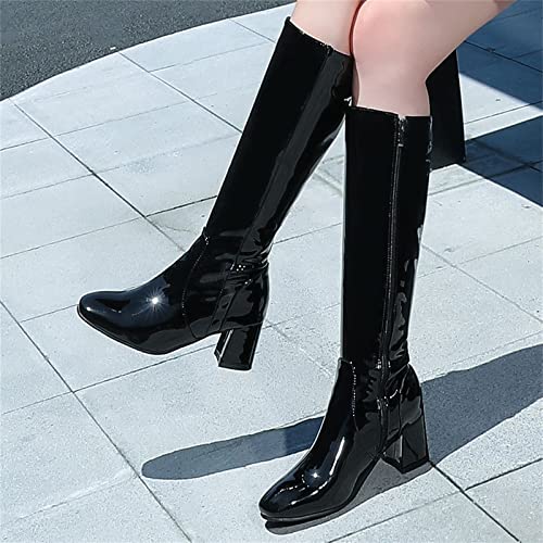 Elbslutt Women's Gogo Boots Knee High Patent Leather Chunky Heeled Mid Calf Boots Full Zipper 70s Disco Dance Shoes4