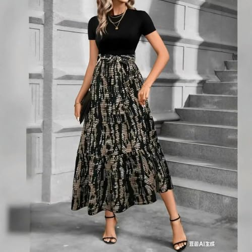 Robe midi fluide col rond pour affiner la taille avec son lien patchwork réglable - 3