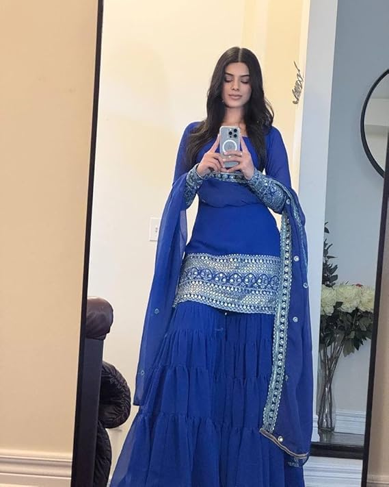 Image of Georgette Sharara Set with Embroidered Top, Royal Blue, 3-Piece Suit with Dupatta, Sequins and Cording Work
