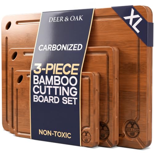 Pre-Oiled, Non Toxic 3-Piece Carbonized Bamboo Cutting Board Set