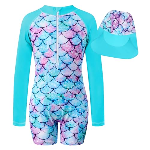 JiAmy Girls Swimming Costume One Piece Swimsuit Long Sleeve Zipper Swimwear UV Sun Protection Rash Guard Bathing Suit Mermaid Swimming Suit with Swim Hat for Girls Scalecyan Mermaid 5-6 Years