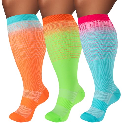 Image of Plus Size Compression Socks for Women & Men 3 Pairs, Wide Calf Extra Large 20-30 mmHg Knee High Support Socks for Travel, Running, Nurse