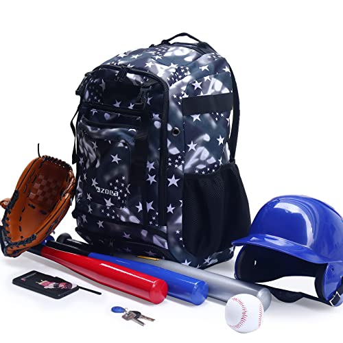 Zoea Baseball Bat Bag Backpack, T-Ball & Softball Equipment & Gear For Youth And Adults, Large Capacity Holds 4 Bats, Helmet, Gloves, Cleats,Shoes Compartment & Helmet Holder (Star Black) #TOP1