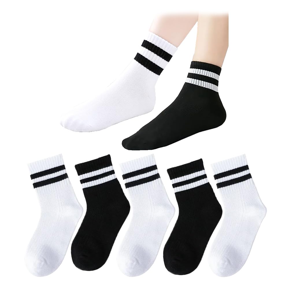 Generic5 Pairs of Kids Sport Socks Black White Stripe Unisex Children Striped Cotton Socks For Boys Girls For Age 1 to 12 Years