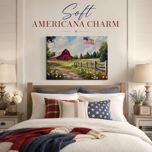 Image of RIBNTAK Farmhouse Red Barn & American Flag Canvas Print, Rustic Wildflower Meadow Patriotic Wall Art, 4th of July Holiday Decoration for Home, Office & Rustic Interiors, Made in USA