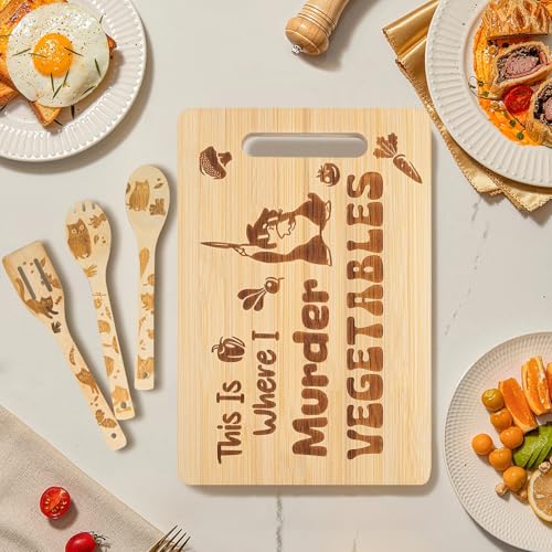 Tabla de cortar de bambú con diseño de gato y 3 cucharas miniatura 6