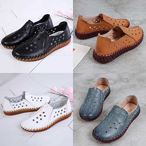 Image of Women's Leather Casual Cutout Loafers Flat Slip-on Shoes,Handmade Stitch Comfort Breathable Oxford Softsole Walking (7,Brown Hollow)