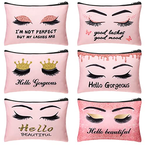 Gerrii 6 Pcs Hello Gorgeous Makeup Bag Pink Eyelash Canvas Cosmetic Bags Small Eyelash Purse Lipstick Travel Pouch Inspirational Gift for Women Toiletries Accessories Organizer