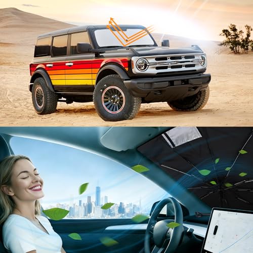 Image of Windshield Sun Shade Umbrella for 2021-2026 Fo-rd Bronco | Full covered for windshield, Block UV Rays, Heat Reduction, Easy to install, Durable & Fold Up Small