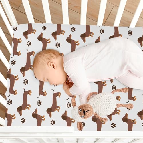 Image of CaTaKu Dachshund Dog Paws Print Mini Crib Sheets for Girls Boys Baby Mattress Sheets Fitted, Soft Toddler Nursery Bed Sheets Neutral 28 inchx 52 inch