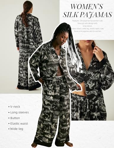 Image of Arssm Satin Pajama Set for Women Silk Pajamas Set 2 Piece Floral Pj Set Long Sleeve Button Down Pjs Sleepwear