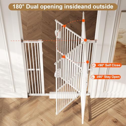 Jekriuet 57" Extra Tall Pet Gate, Auto Close Dog Door Pressure Mounted No Drilling for Doorways, Hallways, Stairs, Expandable 27.5"-38.5" Wide, Narrow 1.18" Spacing for Small Dogs & Puppies, White - 3