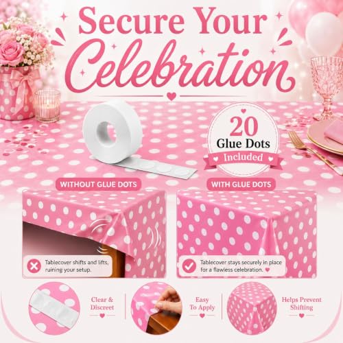 Image of Blue Orchards Pink Polka Dots Table Cover (Pack of 3 with 20 Glue dots) - 54 inchx108 inch XL - Pink and White Dots Plastic Tablecloth, Girl Decoration, Baby Shower, Cartoon Themed Birthday Party Supplies