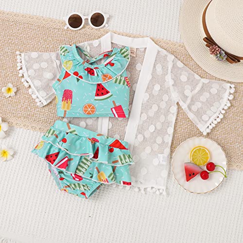 Toddler Baby Girls Ice Cream Print Bikini Summer Sleeveless Striped ​Ruffle Swimwear With Bikini Cover Ups Swimsuits Sets (Sky Blue, 18-24Months) #TOP1