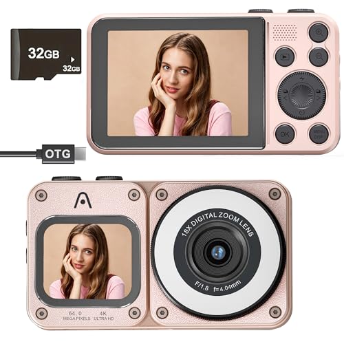Cámara digital de doble pantalla rosa, cámara de vlogging con enfoque automático rápido