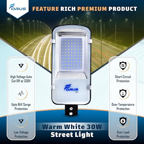 Image of Forus 30W LED Street Light Outdoor with 4 Year Warranty, High Lumen 120 lm /W Waterproof Warm White Light, Energy Saving Aluminium LED Street Lamp for Road, Parking Lot, Industrial Area Lighting (1 PC)