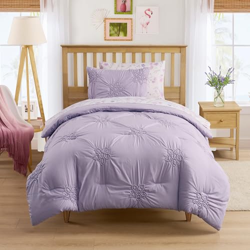 Image of Floral Pintuck Comforter Set Twin Size - Bed in a Bag with Sheets, Pillowcases & Shams - Soft Stylish Sports Bedding - All Season Boys Basketball Bed Set