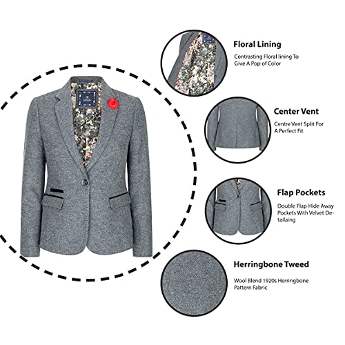 Women Grey Herringbone Blazer Tweed Check 1920'S Gatsby Blinders Tailored Fit Vintage - Grey 14 #TOP1